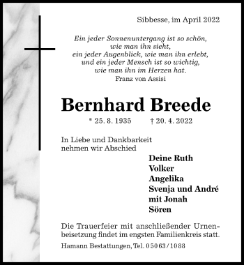 Traueranzeige von Bernhard Breede von Hildesheimer Allgemeine Zeitung