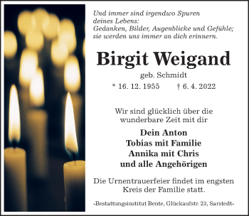 Traueranzeige von Birgit Weigand von Hildesheimer Allgemeine Zeitung