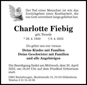 Traueranzeige von Charlotte Fiebig von Hildesheimer Allgemeine Zeitung