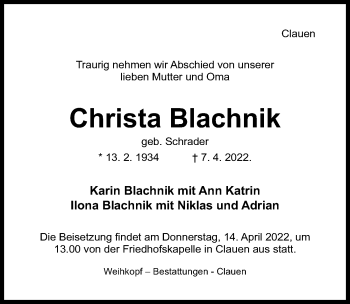 Traueranzeige von Christa Blachnik von Hildesheimer Allgemeine Zeitung