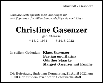 Traueranzeige von Christine Gasenzer von Hildesheimer Allgemeine Zeitung