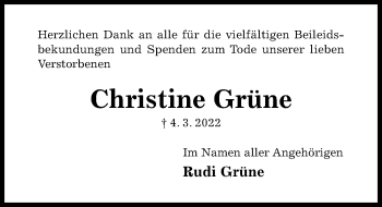 Traueranzeige von Christine Grüne von Hildesheimer Allgemeine Zeitung