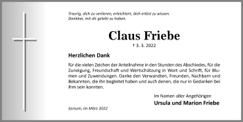 Traueranzeige von Claus Friebe von Hildesheimer Allgemeine Zeitung