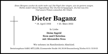 Traueranzeige von Dieter Baganz von Hildesheimer Allgemeine Zeitung
