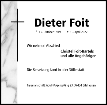 Traueranzeige von Dieter Foit von Hildesheimer Allgemeine Zeitung