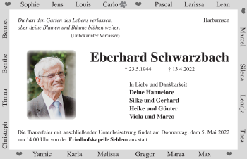 Traueranzeige von Eberhard Schwarzbach von Hildesheimer Allgemeine Zeitung