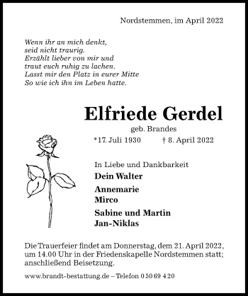 Traueranzeige von Elfriede Gerdel von Hildesheimer Allgemeine Zeitung