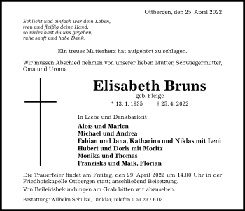 Traueranzeige von Elisabeth Bruns von Hildesheimer Allgemeine Zeitung