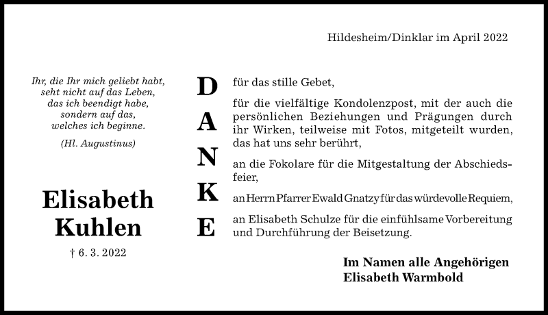  Traueranzeige für Elisabeth Kuhlen vom 09.04.2022 aus Hildesheimer Allgemeine Zeitung
