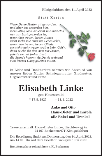 Traueranzeige von Elisabeth Linke von Hildesheimer Allgemeine Zeitung