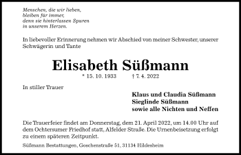 Traueranzeige von Elisabeth Süßmann von Hildesheimer Allgemeine Zeitung