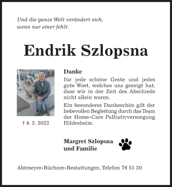 Traueranzeige von Endrik Szlopsna von Hildesheimer Allgemeine Zeitung