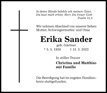 Traueranzeige von Erika Sander von Hildesheimer Allgemeine Zeitung