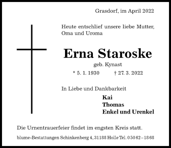 Traueranzeige von Erna Staroske von Hildesheimer Allgemeine Zeitung