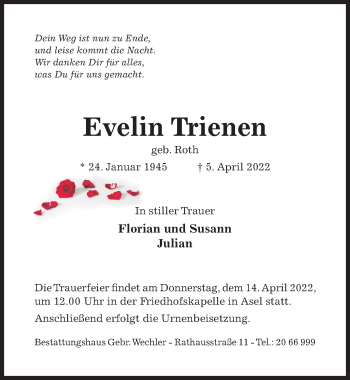 Traueranzeige von Evelin Trienen von Hildesheimer Allgemeine Zeitung
