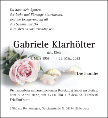 Traueranzeige von Gabriele Klarhölter von Hildesheimer Allgemeine Zeitung