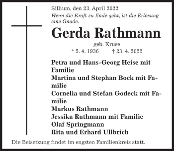 Traueranzeige von Gerda Rathmann von Hildesheimer Allgemeine Zeitung