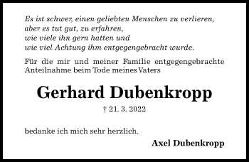 Traueranzeige von Gerhard Dubenkropp von Hildesheimer Allgemeine Zeitung