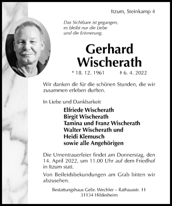 Traueranzeige von Gerhard Wischerath von Hildesheimer Allgemeine Zeitung