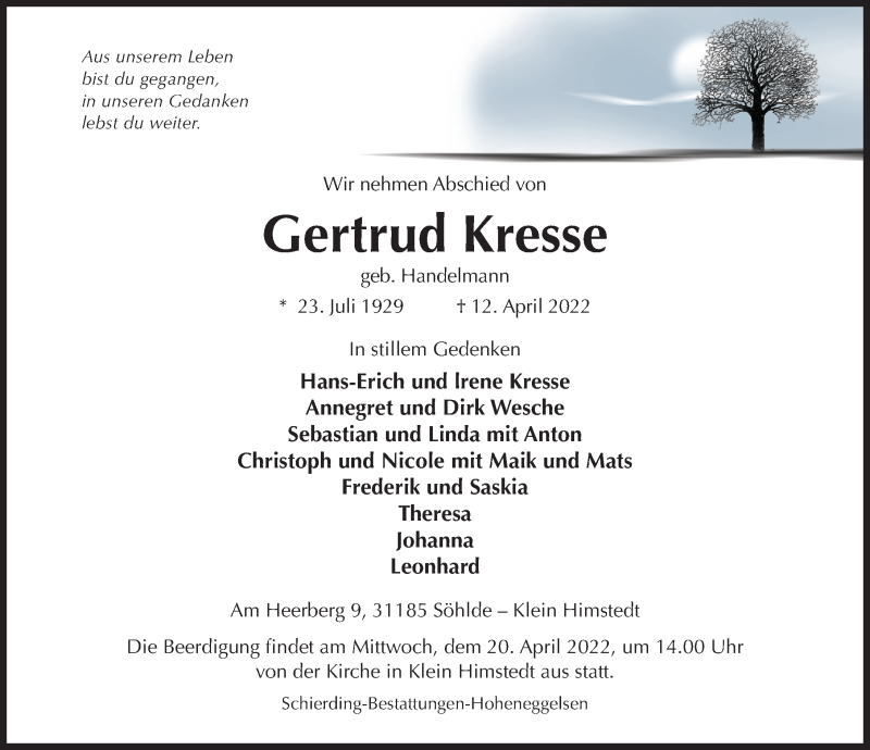  Traueranzeige für Gertrud Kresse vom 14.04.2022 aus Hildesheimer Allgemeine Zeitung