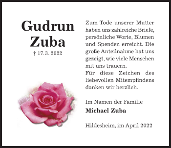 Traueranzeige von Gudrun Zuba von Hildesheimer Allgemeine Zeitung