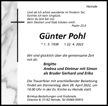 Traueranzeige von Günter Pohl von Hildesheimer Allgemeine Zeitung