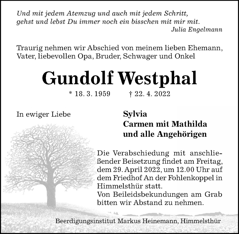  Traueranzeige für Gundolf Westphal vom 27.04.2022 aus Hildesheimer Allgemeine Zeitung
