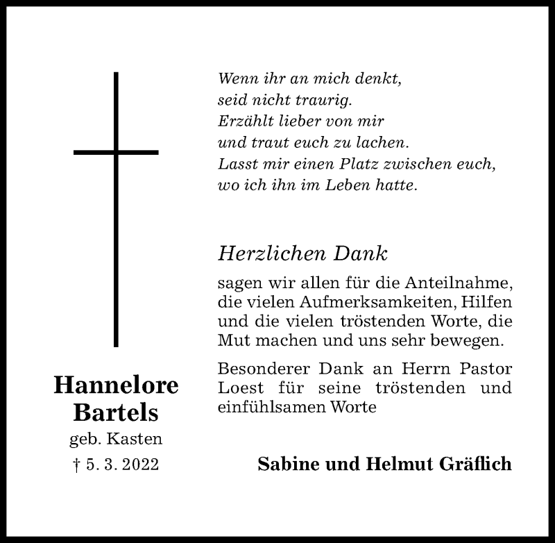  Traueranzeige für Hannelore Bartels vom 09.04.2022 aus Hildesheimer Allgemeine Zeitung