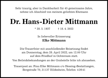 Traueranzeige von Hans-Dieter Mittmann von Hildesheimer Allgemeine Zeitung