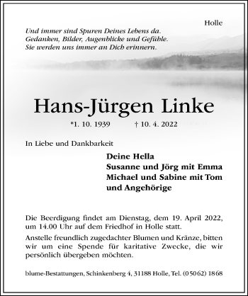 Traueranzeige von Hans-Jürgen Linke von Hildesheimer Allgemeine Zeitung