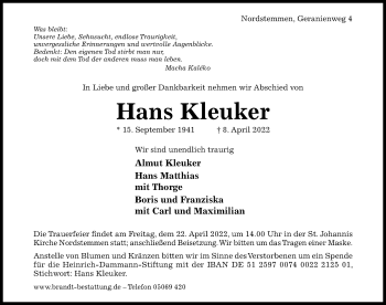 Traueranzeige von Hans Kleuker von Hildesheimer Allgemeine Zeitung