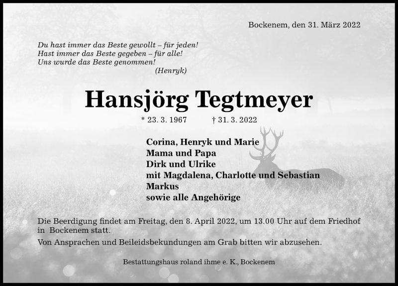  Traueranzeige für Hansjörg Tegtmeyer vom 05.04.2022 aus Hildesheimer Allgemeine Zeitung