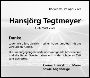Traueranzeige von Hansjörg Tegtmeyer von Hildesheimer Allgemeine Zeitung