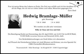 Traueranzeige von Hedwig Bramlage-Müller von Hildesheimer Allgemeine Zeitung