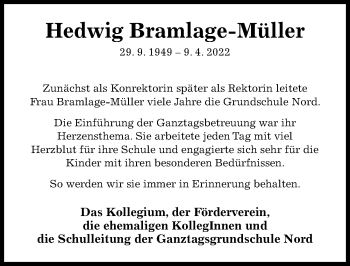 Traueranzeige von Hedwig Bramlage-Müller von Hildesheimer Allgemeine Zeitung