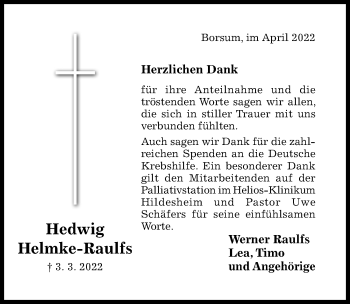 Traueranzeige von Hedwig Helmke-Raulfs von Hildesheimer Allgemeine Zeitung