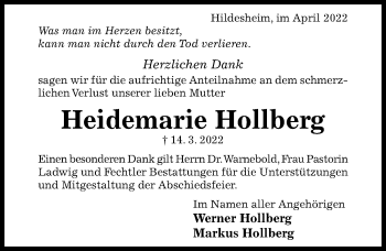 Traueranzeige von Heidemarie Hollberg von Hildesheimer Allgemeine Zeitung