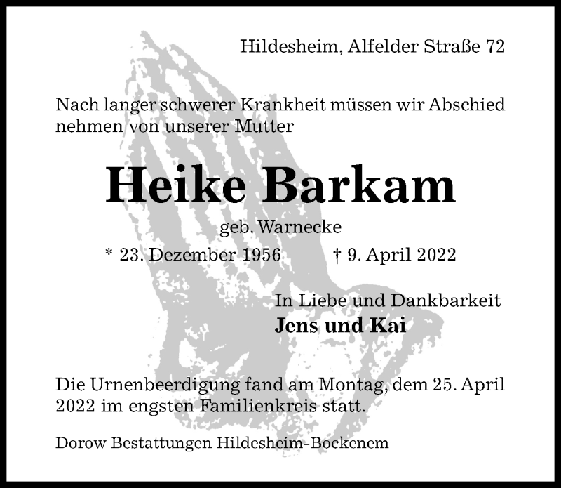  Traueranzeige für Heike Barkam vom 26.04.2022 aus Hildesheimer Allgemeine Zeitung