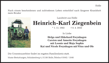 Traueranzeige von Heinrich-Karl Ziegenbein von Hildesheimer Allgemeine Zeitung