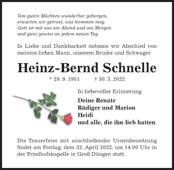 Traueranzeige von Heinz-Bernd Schnelle von Hildesheimer Allgemeine Zeitung