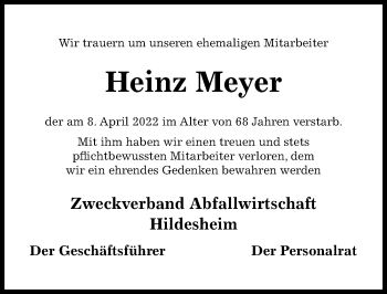 Traueranzeige von Heinz Meyer von Hildesheimer Allgemeine Zeitung