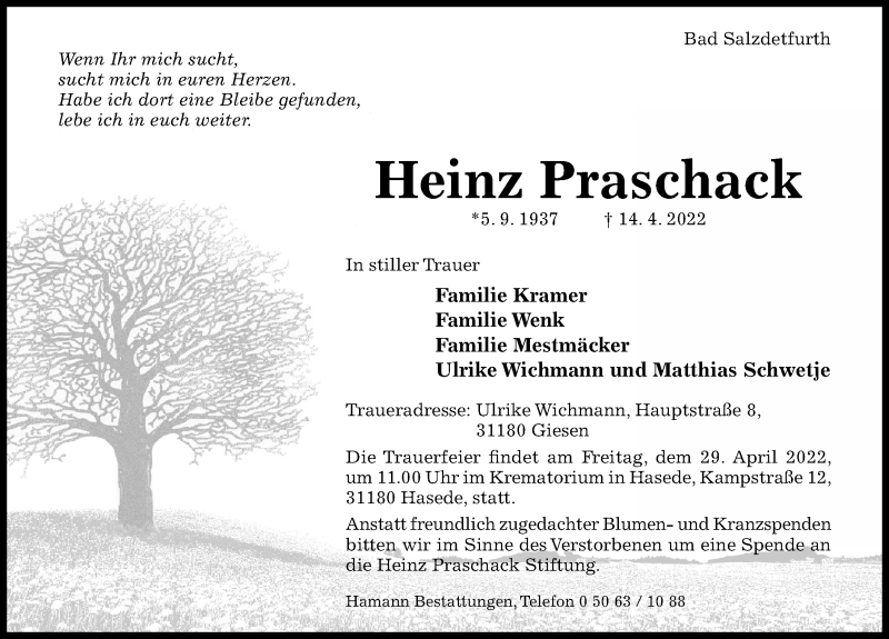  Traueranzeige für Heinz Praschack vom 27.04.2022 aus Hildesheimer Allgemeine Zeitung
