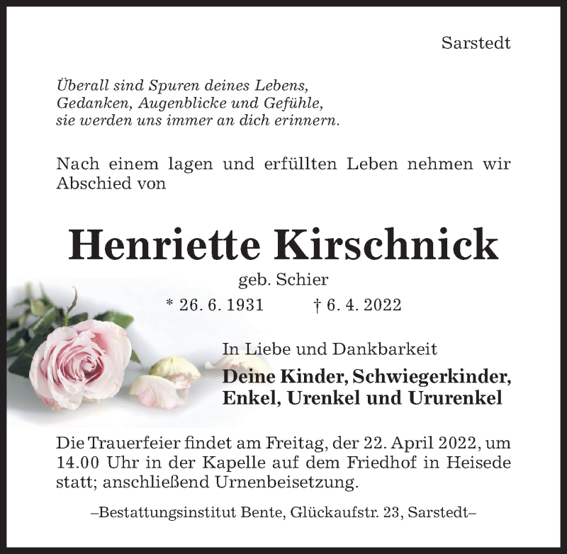  Traueranzeige für Henriette Kirschnick vom 09.04.2022 aus Hildesheimer Allgemeine Zeitung