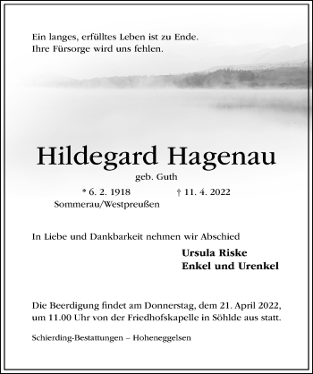 Traueranzeige von Hildegard Hagenau von Hildesheimer Allgemeine Zeitung