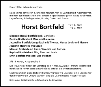 Traueranzeige von Horst Bortfeld von Hildesheimer Allgemeine Zeitung