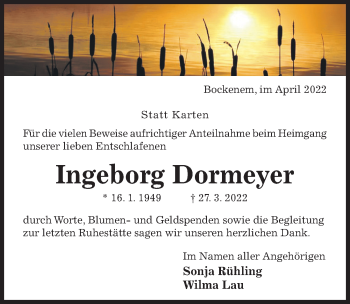 Traueranzeige von Ingeborg Dormeyer von Hildesheimer Allgemeine Zeitung