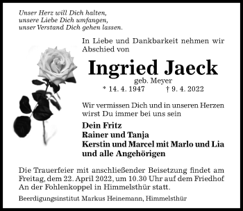 Traueranzeige von Ingried Jaeck von Hildesheimer Allgemeine Zeitung