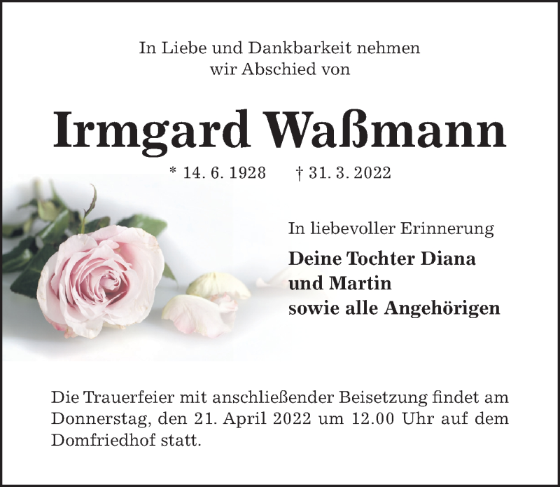  Traueranzeige für Irmgard Waßmann vom 13.04.2022 aus Hildesheimer Allgemeine Zeitung