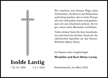 Traueranzeige von Isolde Lustig von Hildesheimer Allgemeine Zeitung