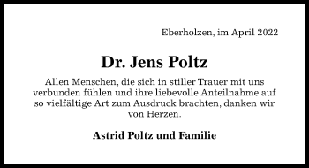 Traueranzeige von Jens Poltz von Hildesheimer Allgemeine Zeitung